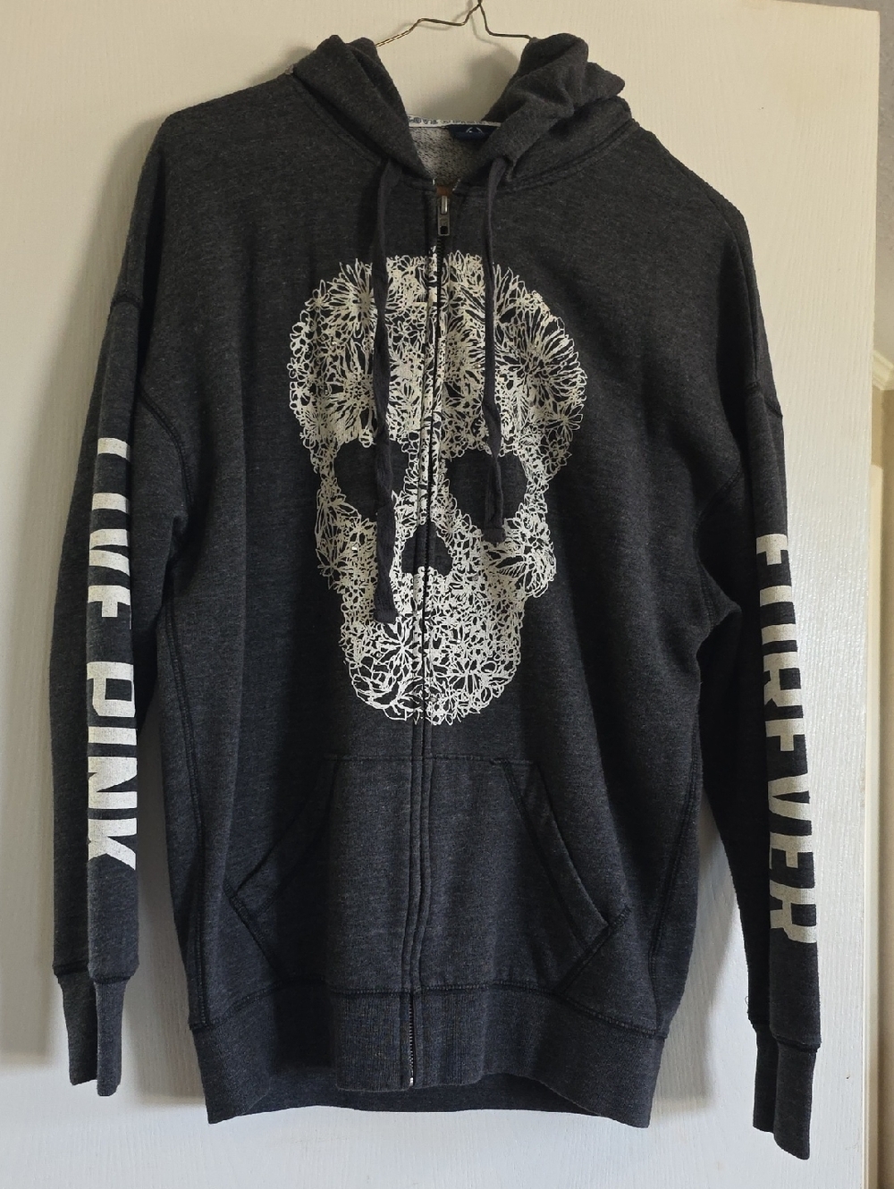 PINK Victoria's Secret Charcoal Zip-Up Hoodie with White Skull